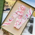 Floral twilly silk scarf with horseshoe patterns in vintage green luxury gift box - Pink White