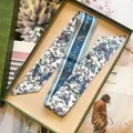 Blue and pink floral butterfly silk twilly scarf in a vintage green gift box - S2338 Blue