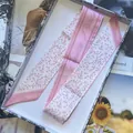 French style floral twilly scarf in pink silk with France Paris lettering on a gift box - Pink White