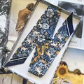 Blue silk-like twilly scarf with vintage floral and horse prints in a luxury gift box - 6cmx100cm / Yellow Blue