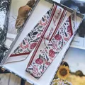 Elegant floral silk-feel twilly scarf with France Paris print in a premium gift box - Red Beige