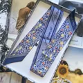 Elegant purple and blue silk-like twilly scarf with lemon flower print in gift box - 6cmx100cm / Blue