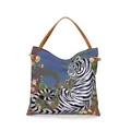 Sac fourre-tout bleu avec motif de tigre blanc, fleurs et anses en cuir marron - 39cmx40cm / Style Tigre Blanc Bleu (08)