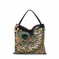 Détail de l'illustration de tigre et du rivet de lion doré sur le sac fourre-tout en toile - 39cmx40cm / Style Tigre de la Jungle Noir (09)