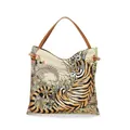 Détail du sac cabas imprimé tigre avec anses en cuir marron et rivets métalliques - 39cmx40cm / Style Tigre de la Forêt Beige (11)