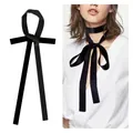 Elegant thin black silk neck scarf tied as a ribbon choker for a minimalist chic look - 160x3cm / Black