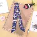 Elegant navy blue equestrian twilly scarf with chain patterns on a gold frame - Navy Blue