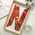 Orange Van Gogh art print skinny silk scarf for handbags and hair styling in gift box - Burgundy Almond Blossoms / Gift Box