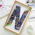 Navy blue twilly silk scarf with floral paisley prints in a chic minimalist gift box - With Gift Box / Green