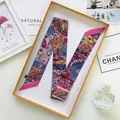 Colorful silk twilly scarf with paisley floral prints in a luxury orange gift box - With Gift Box / Rose Red