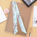 Elegant light blue skinny silk scarf with pink cherry blossom pattern for neck or bags - Blue / 80-100cm
