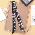 Floral skinny silk scarf in black with white and pink blossoms for neck or bag decoration - Black / 80-100cm