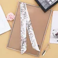 Elegant narrow white floral silk twilly scarf with pink flower pattern for bag decoration - White / 80-100cm
