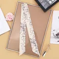 Beige narrow silk twilly with pink floral patterns for handbags and neck decoration - Light Yellow / 80-100cm