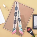 Elegant beige and pink narrow silk scarf with retro street lamp print for handbags - Apricot