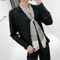 Elegant black V-neck two-piece suit with striped skinny silk scarf for women - Beige