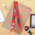 Elegant red silk twilly scarf with classical blue patterns for handbag handles - Orange