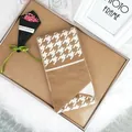 Knitted houndstooth scarf with button in camel and beige, soft autumn winter neck warmer - 100cm-135cm / Khaki