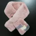 Detail of soft pink faux rabbit fur scarf featuring geometric color-block patterns - Korean Pink