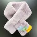 Close-up of plush faux rabbit fur scarf in lavender with vibrant color-block accents - Purple Grey