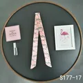 Macro view of pink long ribbon scarf with artistic flamingo print for bag handles - Light Pink Flamingo (S177-17)