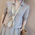French minimalist floral skinny scarf styled with a camel knit polo shirt and trousers - 130cmx7cm / Style 1 (S216)