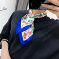Floral print skinny silk scarf with pink flowers and blue edges for neck decoration - Pink Floral Green Leaf Print (S110) / White Blue Base