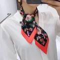Floral imitation silk skinny scarf with orange border and nature pattern on black - Black with Red Base