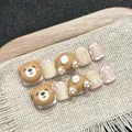 Handmade press-on nails for kids with 3D teddy bear design and warm matte finish - XS