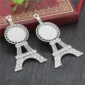 Antique silver Eiffel Tower alloy pendant base for DIY jewelry making on wooden background - Eiffel Tower Bezel Tray (D2-24)