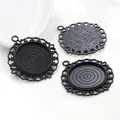 25mm round black alloy pendant base settings with lace edge for DIY jewelry making - Black Hollow Style (A6-24)