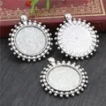 Antique silver round alloy pendant trays for DIY jewelry making with retro pattern - Bead and Ray Texture Style (A4-19)