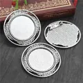 Antique silver round 30mm alloy brooch base with ornate scrollwork edge for DIY jewelry - Antique Silver Scroll Relief Style (B6-04)