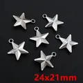 Set of 6 silver alloy star charms with matte finish and top rings, 24x21mm size - Silver Star Charm (F3-13)