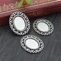 Three pieces of 13x18mm oval alloy pendant trays with hollow heart lace edges for DIY jewelry - Vintage Silver Heart Lace Oval Base (D4-33)