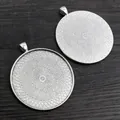 Polished silver alloy round pendant tray base with geometric patterns for DIY jewelry - 45mm / Antique Silver