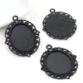 Matte black oval 18x25mm alloy pendant base with hollow lace border for DIY jewelry making - Black