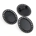 Three matte black 18x25mm oval pendant trays with brooch pins for DIY jewelry making - Matte Black Hollow Beaded Style (C2-47)