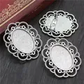 Three antique silver oval brooch base settings with hollow lace edge for DIY jewelry - Antique Silver Filigree Style (C2-05)