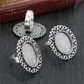 Set of 3 vintage silver oval alloy ring bases with ornate lace edges and adjustable bands - Antique Silver Oval Hollow Lace (K6-13)