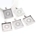 Five square silver alloy pendant trays with mandala relief for DIY jewelry making - Bright Silver (A7-05)