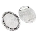 Front and back detail of oval brooch base with floral frame for DIY jewelry making - Vintage Silver Floral Border Style (B3-63)