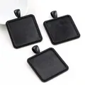 Three black square alloy pendant trays with matte finish and dotted border for DIY crafts - Black (A7-24)