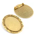 Oval antique gold alloy brooch base with floral border for DIY jewelry making - Antique Gold Floral Relief Style (B3-02)