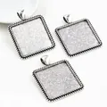 Three square antique silver DIY pendant trays with beaded edges and bail for jewelry - Retro Silver (A7-12)