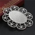 Vintage silver alloy oval pendant tray 30x40mm with filigree border for DIY jewelry making - Antique Silver Sunflower Hollow Floral Style (B1-01)