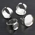 Macro view of adjustable silver ring blanks with flat round trays for DIY jewelry making - 12mm / Silver