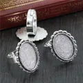 Three silver-tone oval adjustable ring bases with scalloped edges for DIY jewelry making - Antique Silver Oval Scalloped Shell (K6-12)