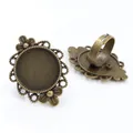 Adjustable bronze alloy ring base with 20mm round bezel and floral lace details - Antique Bronze Hollow Lace Style (K4-28)