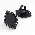 Vintage black floral alloy ring base with adjustable band for DIY gemstone jewelry - Black Vintage Hollow Floral Style (K5-10)